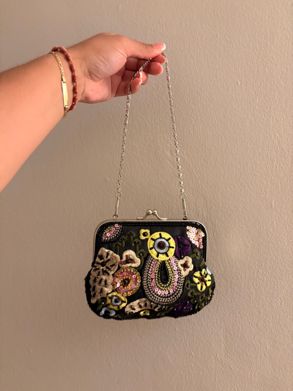 Bijoux Terner Black Beaded Floral Evening Clutch with Chain